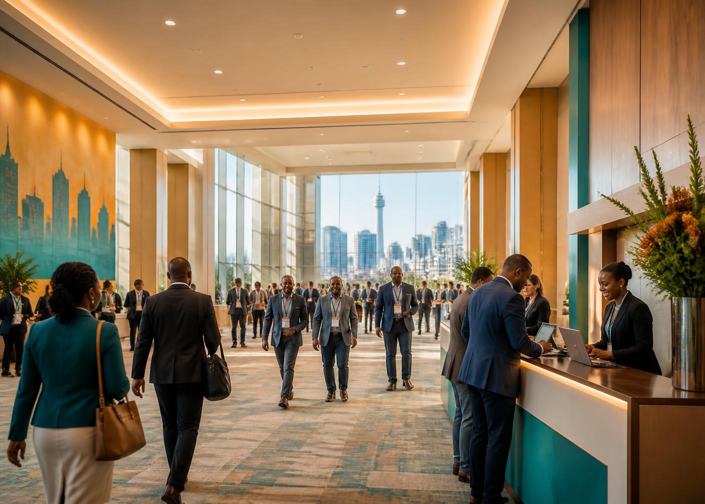 Delegates arriving at a conference venue