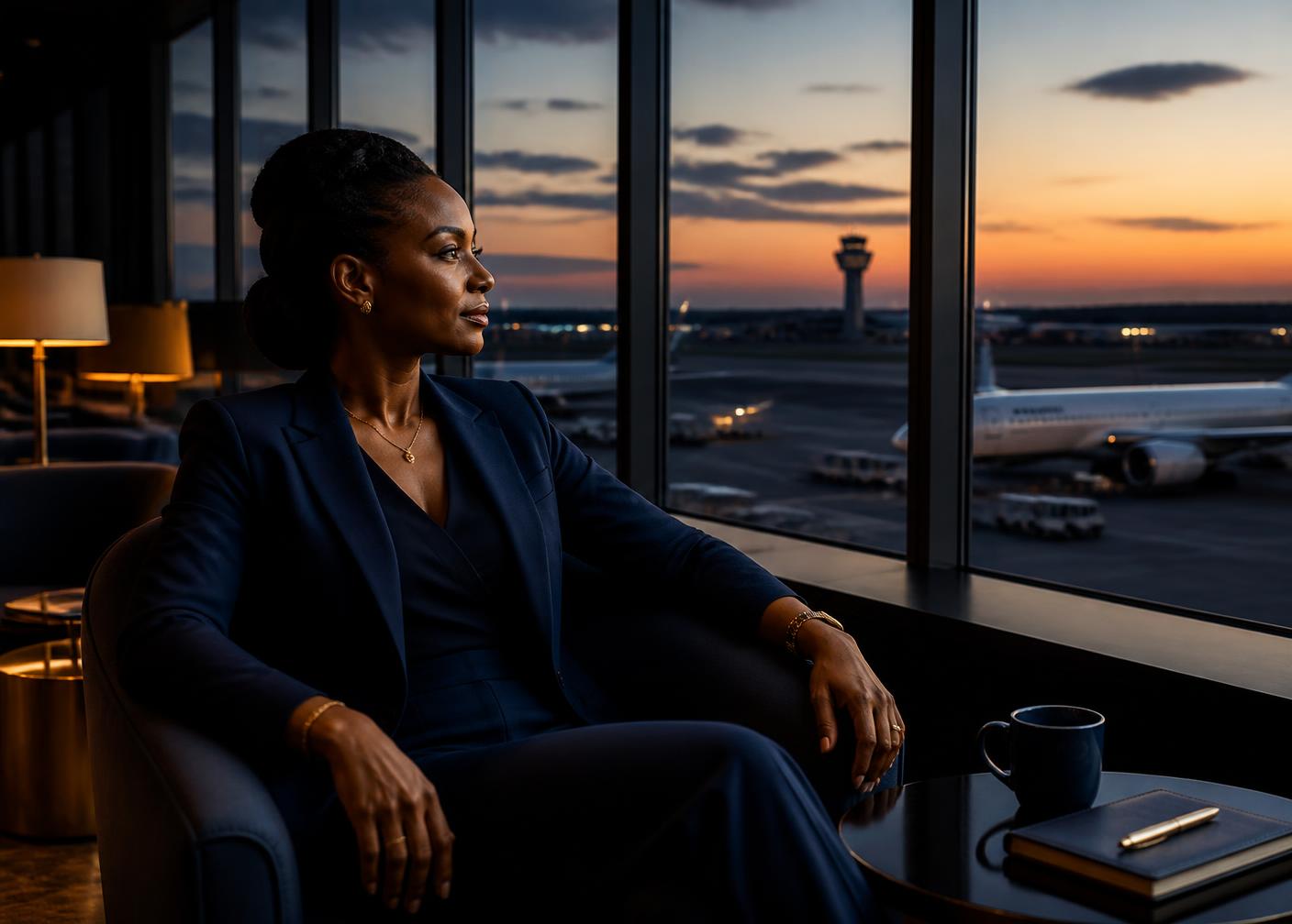 Business traveller in an airport lounge at dusk