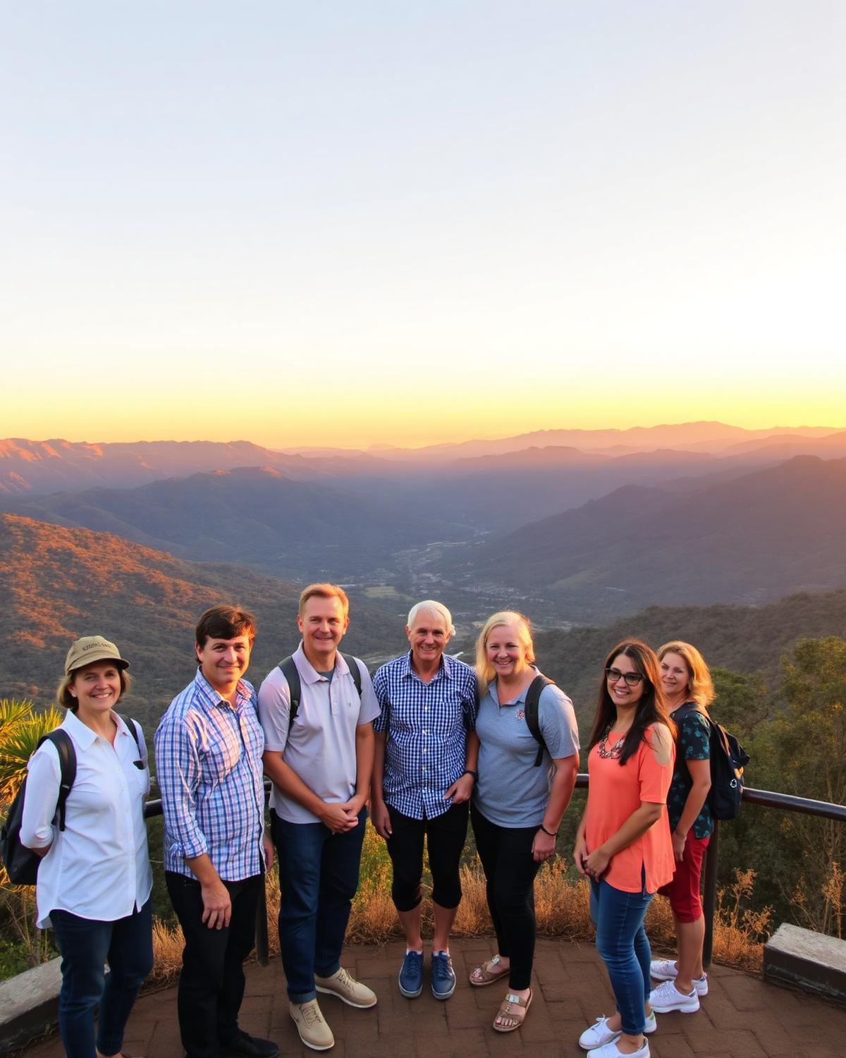 Friends sharing a planned group travel experience at sunset