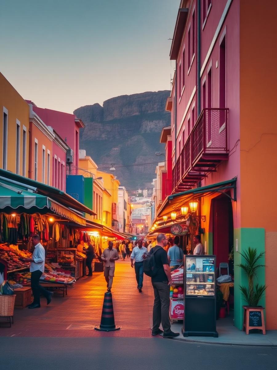 Colourful Cape Town street market at golden hour