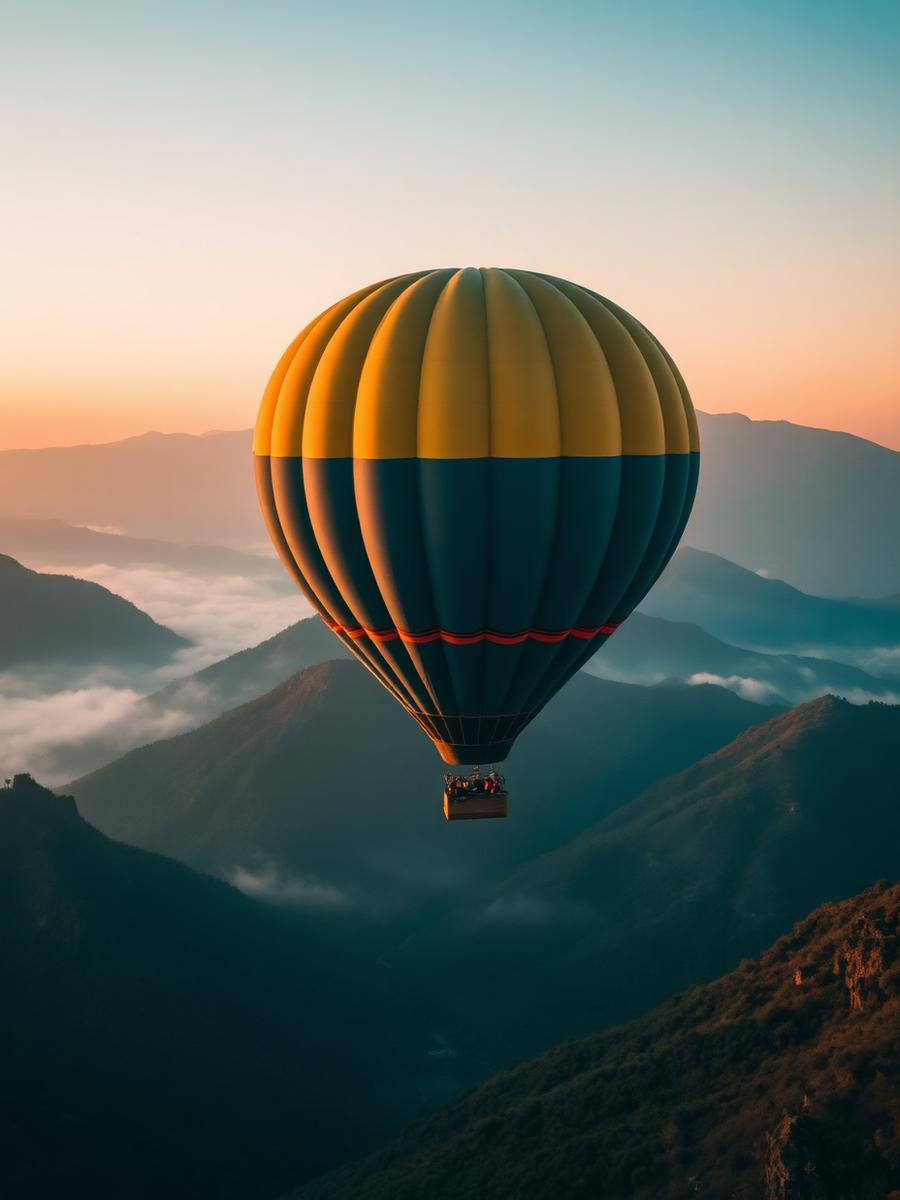 Hot air balloon drifting over misty mountains at sunrise