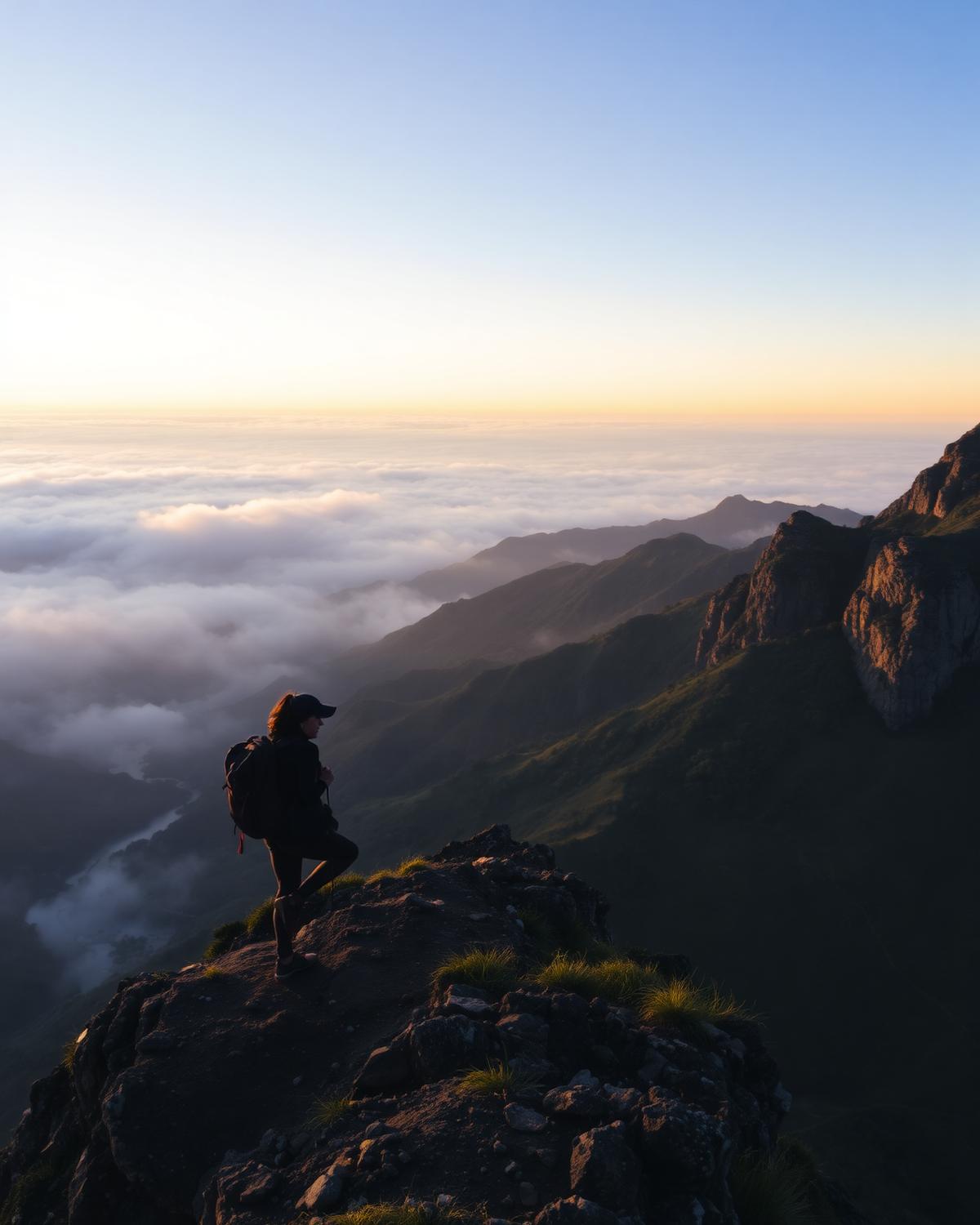 Solo traveller on a mountain trail at sunrise